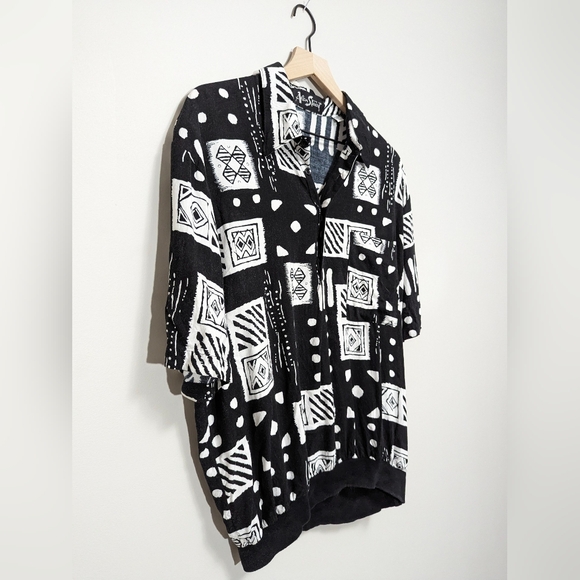 Vintage 1980s Alan Stuart pocketed black n white tee size L geometric pattern - Picture 3 of 9